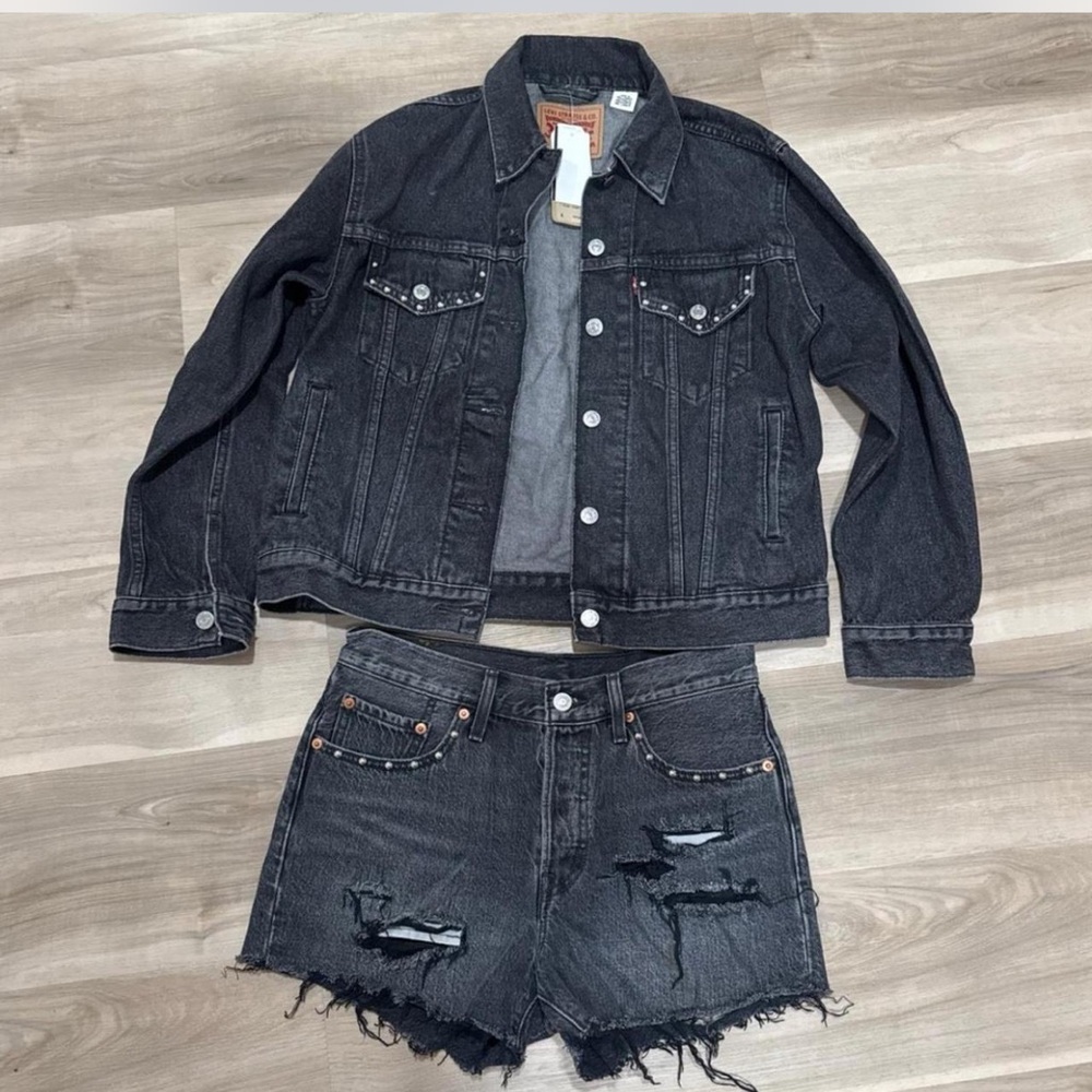 Levi's Black Distressed Denim Jacket and Cutoff Shorts Set